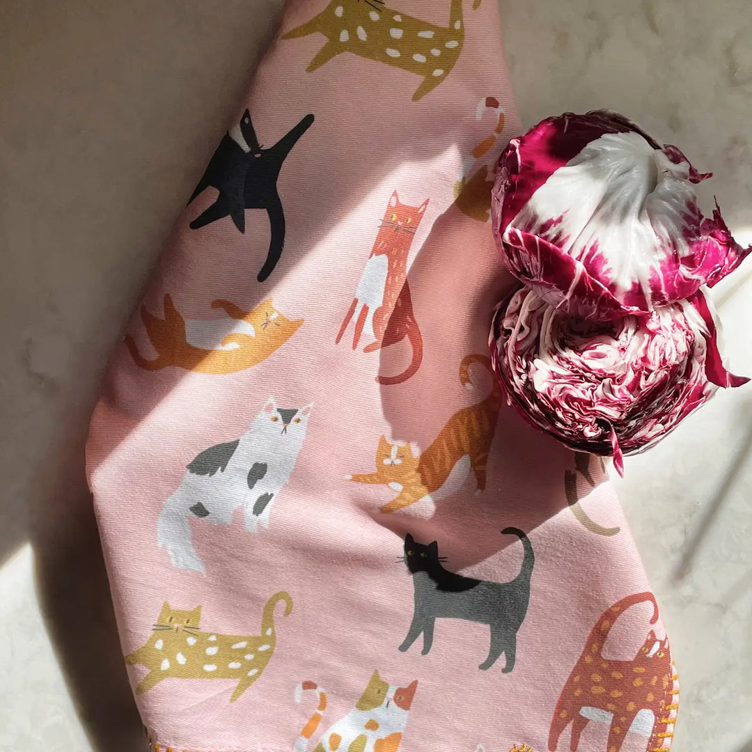 Cats Cotton Tea Towel with Embroidered Detail