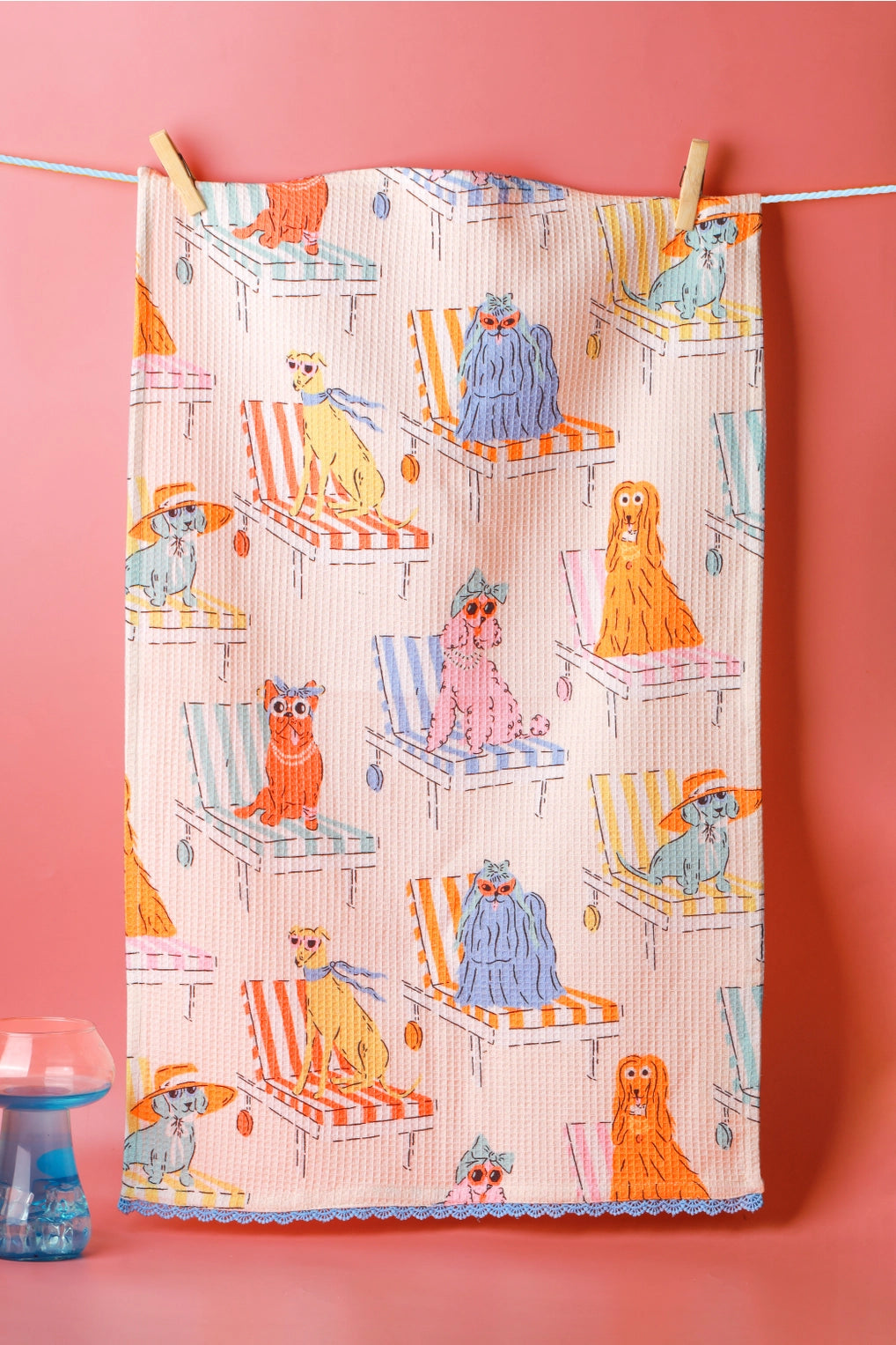 Crowd of Pups On Pool Chairs Dish Towel