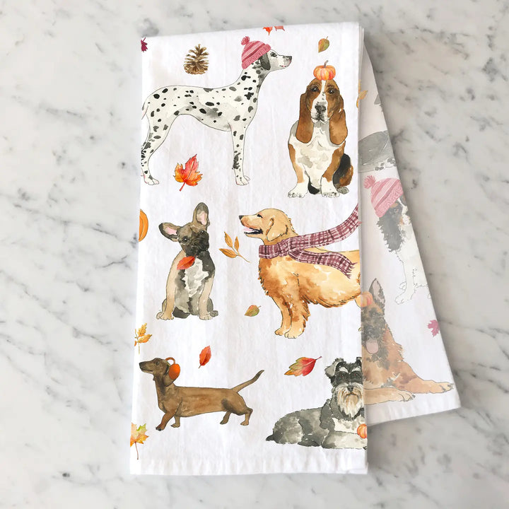 Cozy Fall Dogs Kitchen Towel - Fall Tea Towel
