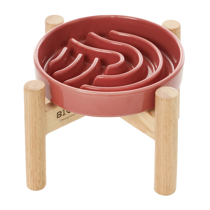 [Wave] Slow Feeder Dog Bowls - Red with wood stand