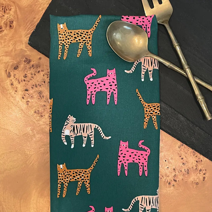Colorful Wild Cats Cotton Tea Towel with Embroidered Detail
