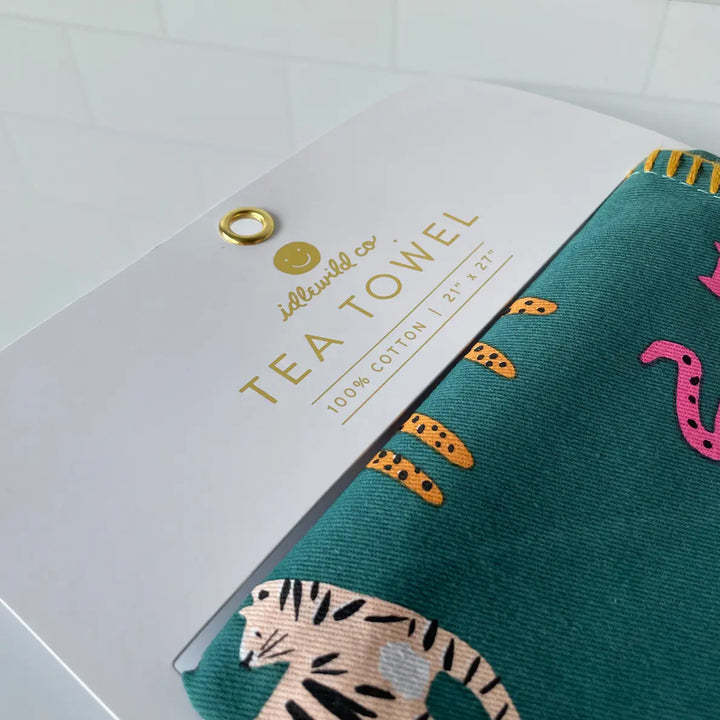 Colorful Wild Cats Cotton Tea Towel with Embroidered Detail